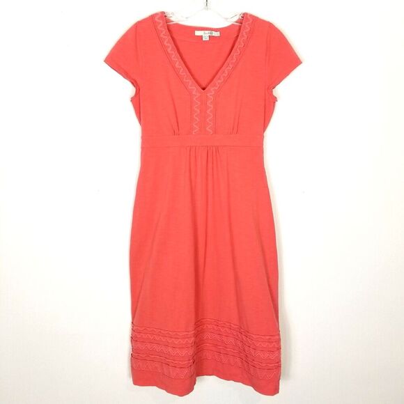 Boden Women Embroidered Trim Short Sleeve Dress Sz 6 L V Neck Stretchy Pink - Picture 1 of 8